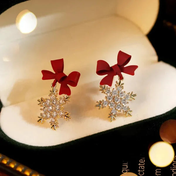 Red Bow Knot Snowflakes Drop Earrings for Christmas Celebrations - Himpall