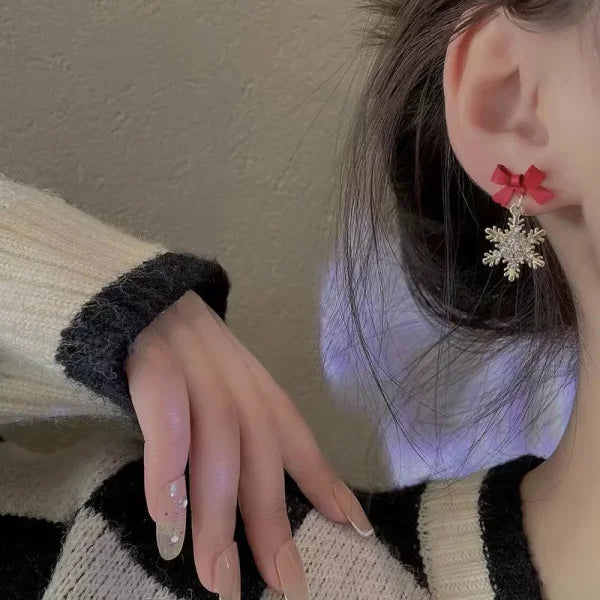 Red Bow Knot Snowflakes Drop Earrings for Christmas Celebrations - Himpall