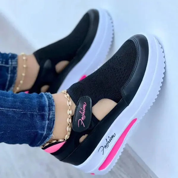 Women’s Red Hollow-Out Sneakers: Breathable Canvas Tennis Shoes & Platform Flats - black / 42