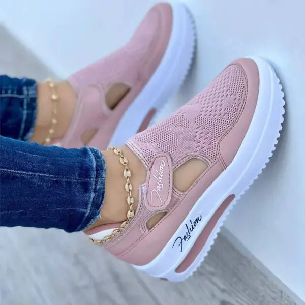 Women’s Red Hollow-Out Sneakers: Breathable Canvas Tennis Shoes & Platform Flats - Pink / 40