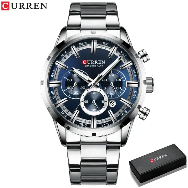 Curren Quartz Chronograph Watch Stainless Steel Material Luxury - silver blue box