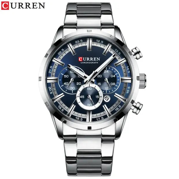 Curren Quartz Chronograph Watch Stainless Steel Material Luxury - silver blue