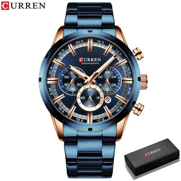 Curren Quartz Chronograph Watch Stainless Steel Material Luxury - blue box