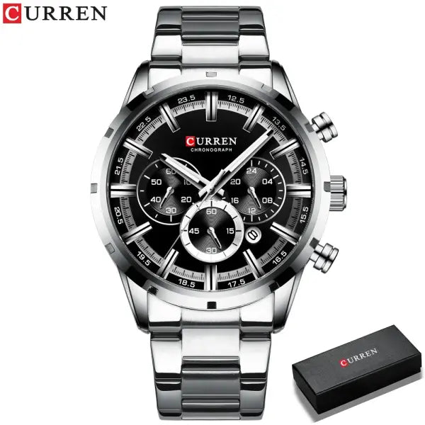 Curren Quartz Chronograph Watch Stainless Steel Material Luxury - silver black box