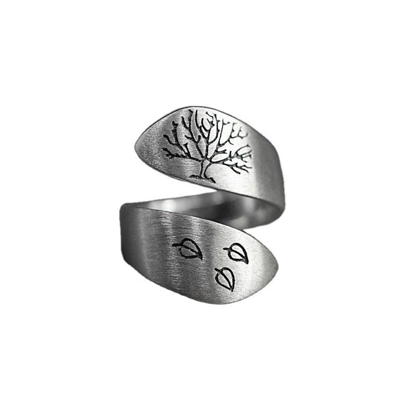 Retro Brushed Craftsmanship Three-leaf Tree Of Life Ring - Silver / Adjustable opening