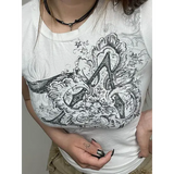 Women’s Y2K Retro Graphic Crop Top – White 90s Aesthetic Baby Tee Vintage Short Sleeve O-Neck Basic Cute Harajuku