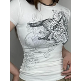 Women’s Y2K Retro Graphic Crop Top – White 90s Aesthetic Baby Tee Vintage Short Sleeve O-Neck Basic Cute Harajuku