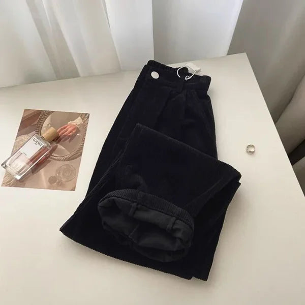 Retro High Waist Corduroy Pants for Women – Baggy Korean Fall Trousers - black / S