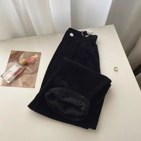 Retro High Waist Corduroy Pants for Women – Baggy Korean Fall Trousers - black / S