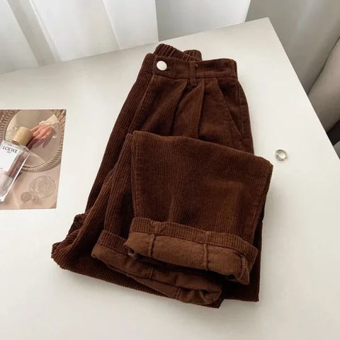 Retro High Waist Corduroy Pants for Women – Baggy Korean Fall Trousers - Coffee / S