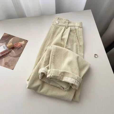 Retro High Waist Corduroy Pants for Women – Baggy Korean Fall Trousers - APRICOT / S