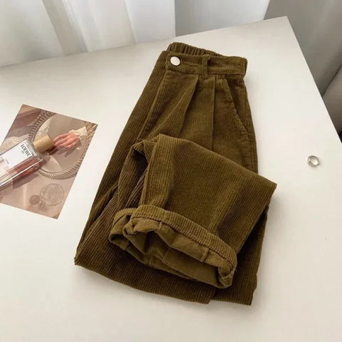 Retro High Waist Corduroy Pants for Women – Baggy Korean Fall Trousers - Khaki / XL