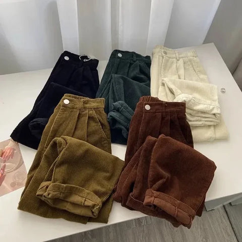 Retro High Waist Corduroy Pants for Women – Baggy Korean Fall Trousers