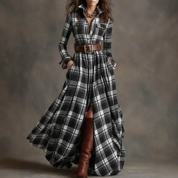 Retro Plaid Shirt Dress with Size Chart and Pockets for Women - Black / 3XL / Without a belt - Hair Remover