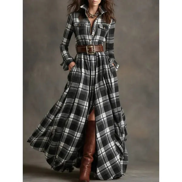 Retro Plaid Shirt Dress with Size Chart and Pockets for Women - Black / L / Without a belt - Hair Remover