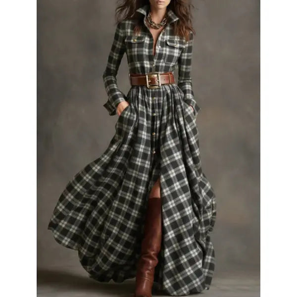 Retro Plaid Shirt Dress with Size Chart and Pockets for Women - Black Grid No. 9 / L / With belt - Hair Remover