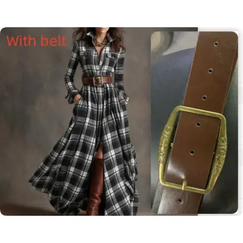 Retro Plaid Shirt Dress with Size Chart and Pockets for Women - Black / L / With belt - Hair Remover