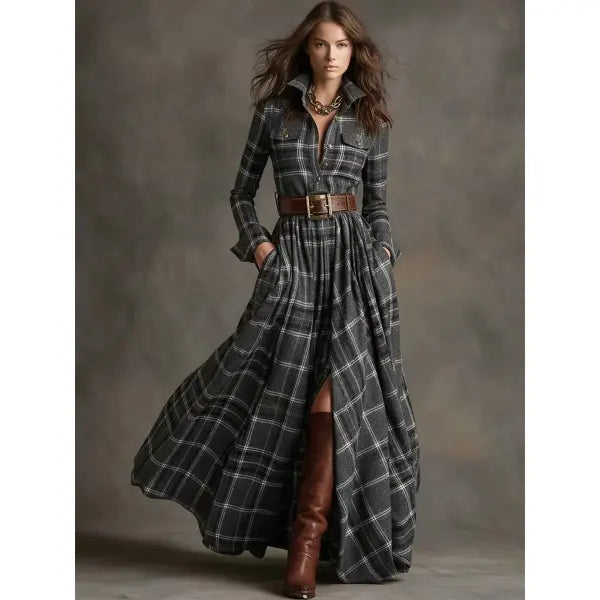 Retro Plaid Shirt Dress with Size Chart and Pockets for Women - Gray / 3XL / Without a belt - Hair Remover