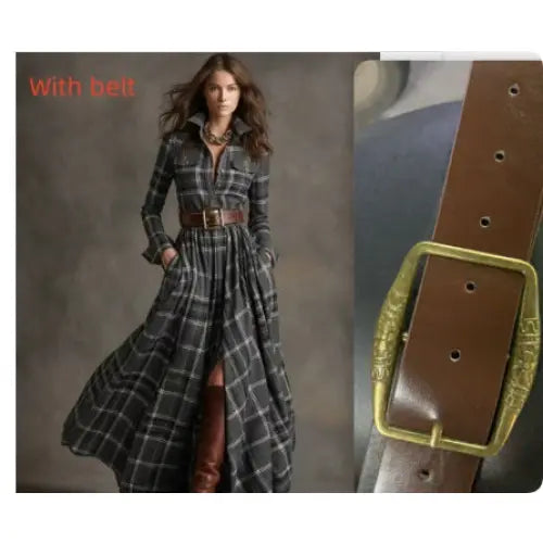 Retro Plaid Shirt Dress with Size Chart and Pockets for Women - Gray / L / With belt - Hair Remover