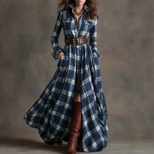Retro Plaid Shirt Dress with Size Chart and Pockets for Women - Navy Blue / 3XL / Without a belt - Hair Remover