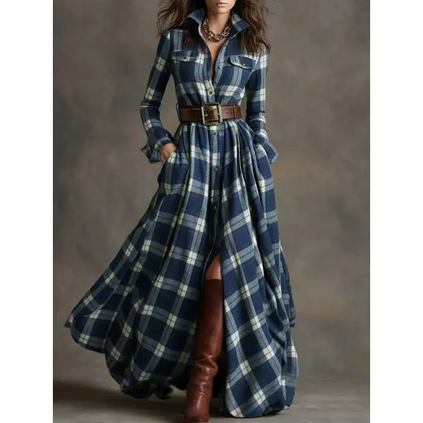 Retro Plaid Shirt Dress with Size Chart and Pockets for Women - Navy Blue / L / Without a belt - Hair Remover
