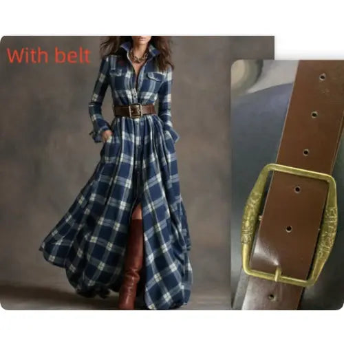 Retro Plaid Shirt Dress with Size Chart and Pockets for Women - Navy Blue / L / With belt - Hair Remover