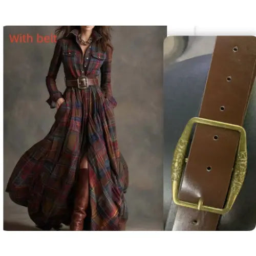 Retro Plaid Shirt Dress with Size Chart and Pockets for Women - No 1 Color / L / With belt - Hair Remover