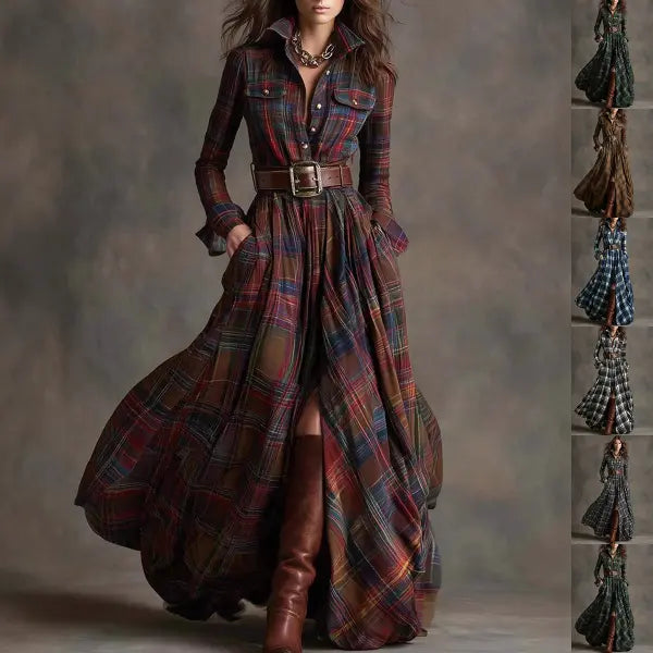Retro Plaid Shirt Dress with Size Chart and Pockets for Women - No 1 Color / 4XL / With belt - Hair Remover