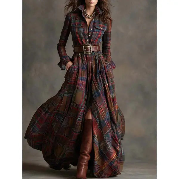 Retro Plaid Shirt Dress with Size Chart and Pockets for Women - No 1 Color / L / Without a belt - Hair Remover