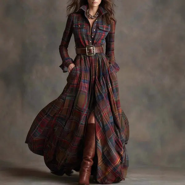 Retro Plaid Shirt Dress with Size Chart and Pockets for Women - No 1 Color / 3XL / Without a belt - Hair Remover