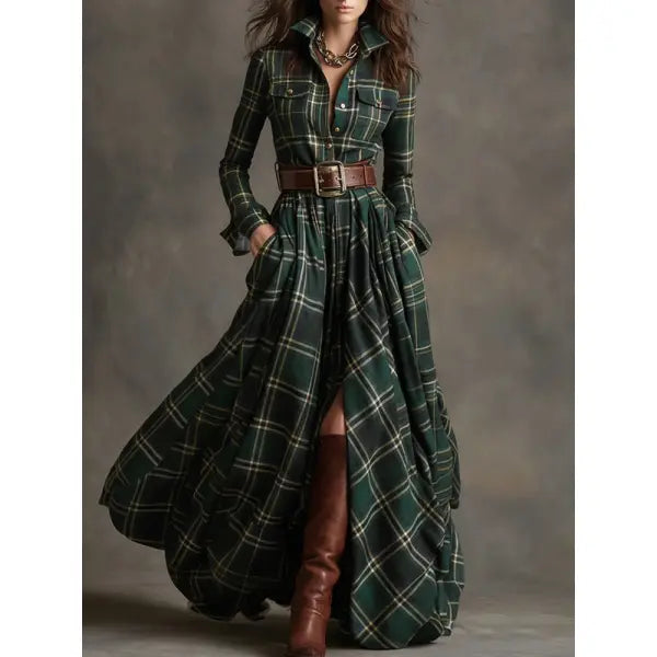 Retro Plaid Shirt Dress with Size Chart and Pockets for Women - No 2 Green / L / Without a belt - Hair Remover