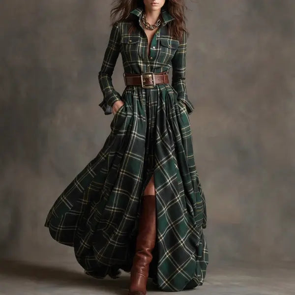 Retro Plaid Shirt Dress with Size Chart and Pockets for Women - No 2 Green / 3XL / Without a belt - Hair Remover