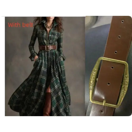 Retro Plaid Shirt Dress with Size Chart and Pockets for Women - No 2 Green / 4XL / With belt - Hair Remover