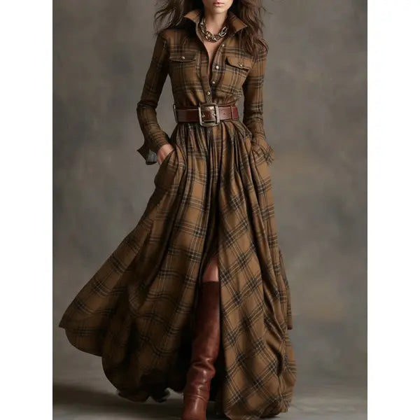 Retro Plaid Shirt Dress with Size Chart and Pockets for Women - No 3 Khaki / L / Without a belt - Hair Remover