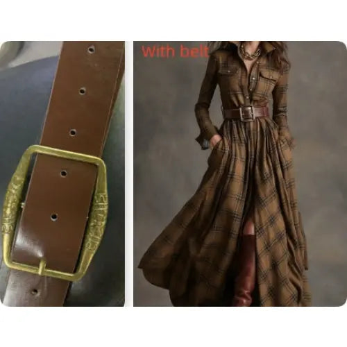 Retro Plaid Shirt Dress with Size Chart and Pockets for Women - No 3 Khaki / L / With belt - Hair Remover
