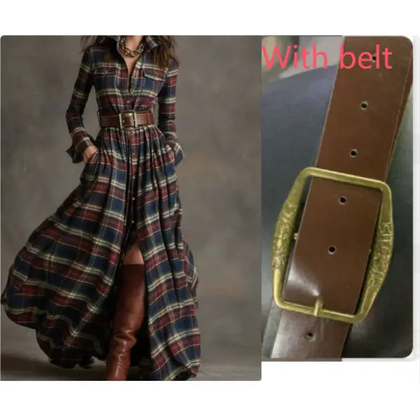 Retro Plaid Shirt Dress with Size Chart and Pockets for Women - Red blue / 3XL / With belt - Hair Remover