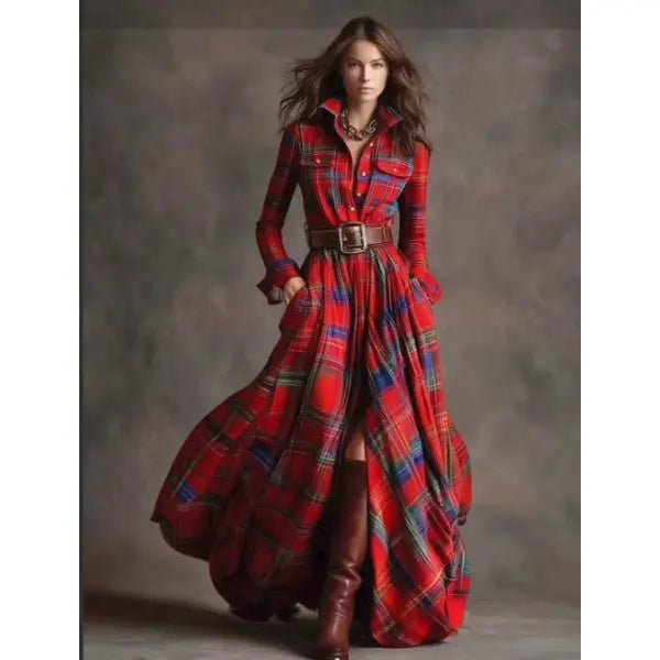 Retro Plaid Shirt Dress with Size Chart and Pockets for Women - Red / 3XL / Without a belt - Hair Remover