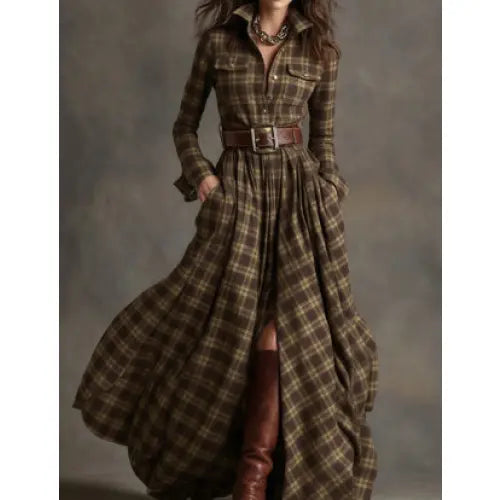 Retro Plaid Shirt Dress with Size Chart and Pockets for Women - Style 2 / S / With belt - Hair Remover