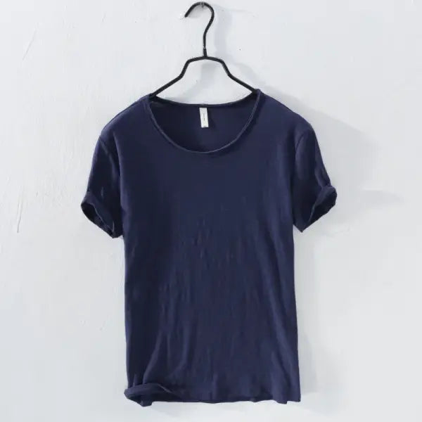 Retro Raw Edge T-Shirt for Men 100% Cotton Lightweight,Breathable,Slim-fit Monochromatic O-Neck Casual Basic Top