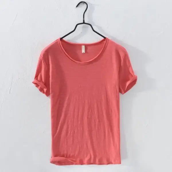 Retro Raw Edge T-Shirt for Men 100% Cotton Lightweight,Breathable,Slim-fit Monochromatic O-Neck Casual Basic Top - Red