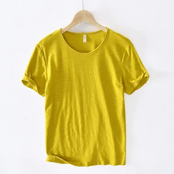Retro Raw Edge T-Shirt for Men 100% Cotton Lightweight,Breathable,Slim-fit Monochromatic O-Neck Casual Basic Top