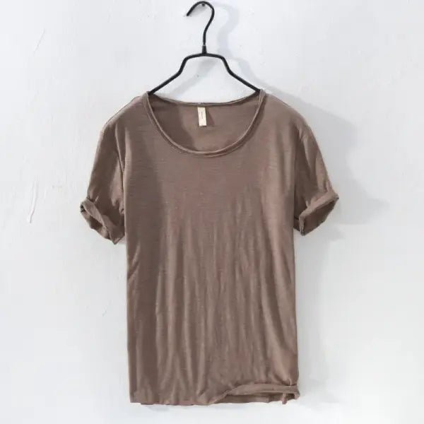 Retro Raw Edge T-Shirt for Men 100% Cotton Lightweight,Breathable,Slim-fit Monochromatic O-Neck Casual Basic Top