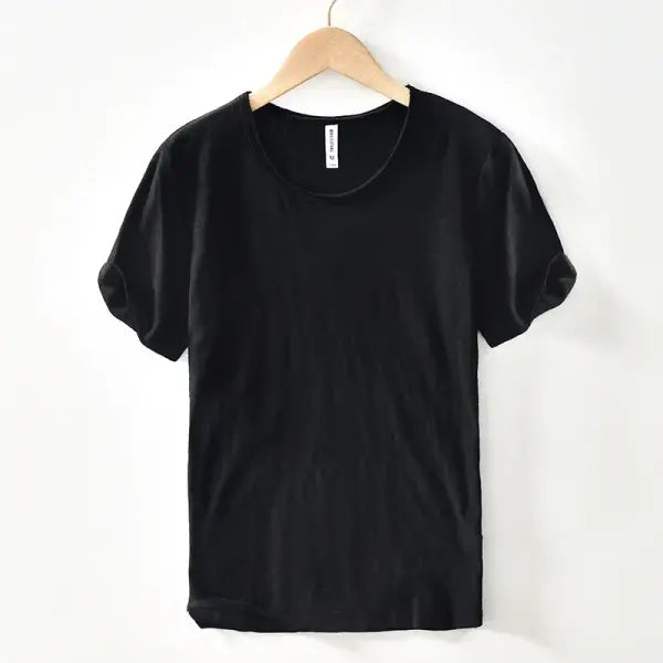 Retro Raw Edge T-Shirt for Men 100% Cotton Lightweight,Breathable,Slim-fit Monochromatic O-Neck Casual Basic Top