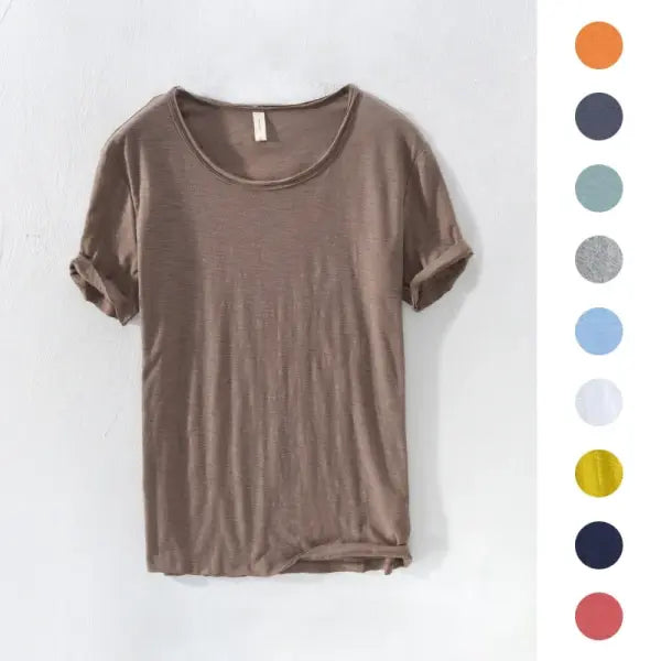Retro Raw Edge T-Shirt for Men 100% Cotton Lightweight,Breathable,Slim-fit Monochromatic O-Neck Casual Basic Top