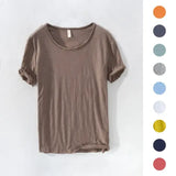Retro Raw Edge T-Shirt for Men 100% Cotton Lightweight,Breathable,Slim-fit Monochromatic O-Neck Casual Basic Top