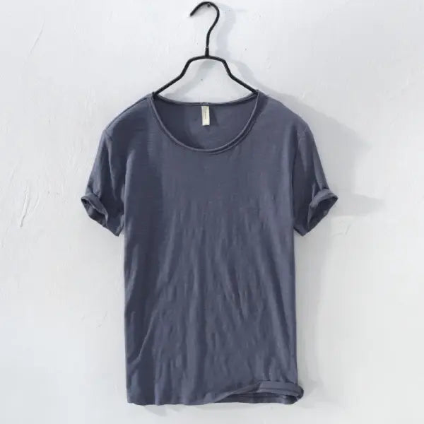 Retro Raw Edge T-Shirt for Men 100% Cotton Lightweight,Breathable,Slim-fit Monochromatic O-Neck Casual Basic Top - Dark