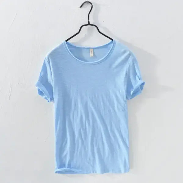 Retro Raw Edge T-Shirt for Men 100% Cotton Lightweight,Breathable,Slim-fit Monochromatic O-Neck Casual Basic Top - Sky