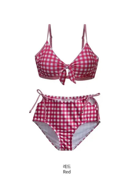 Retro Red Plaid Swimsuit Set: High Waist Bikini for Women