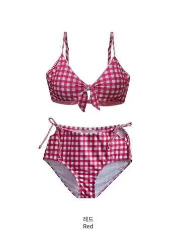 Retro Red Plaid Swimsuit Set: High Waist Bikini for Women