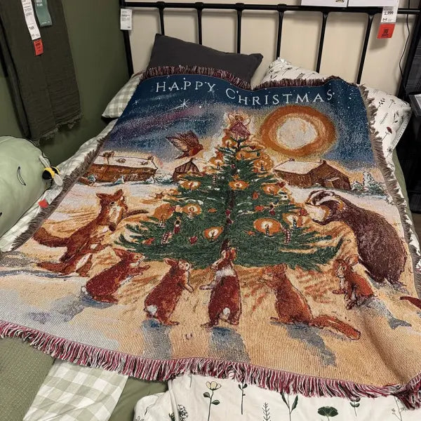 Retro Village Sofa Blanket Cotton Thread Throw Christmas Living Room Leisure Sofa Cover Winter Knitted New Years Gifts